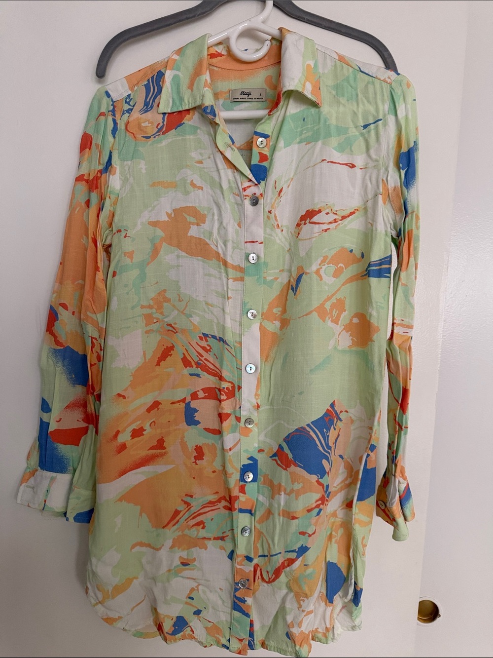Maaji Light Green Abstract Print Button-Up Shirt dress beach cover up